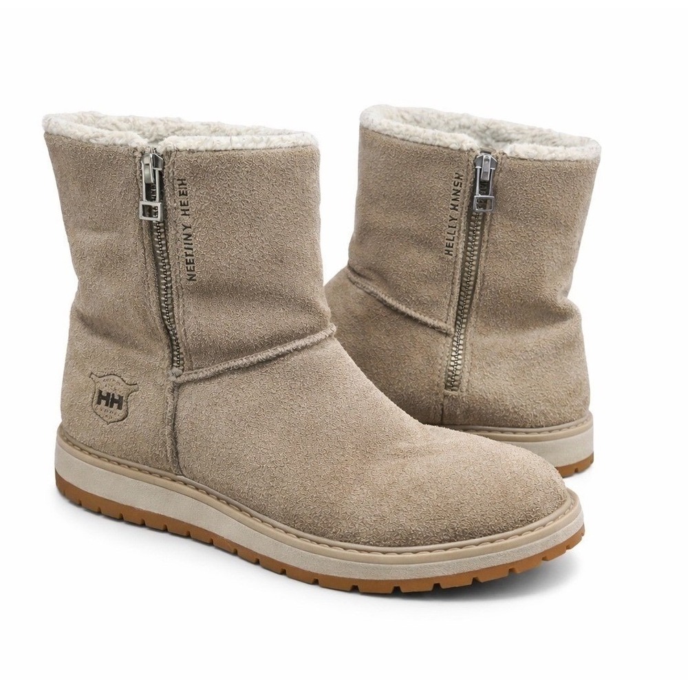 Helly Hansen Shearling Suede Ankle Boots Women's 7.5 Taupe Winter Zip Lined